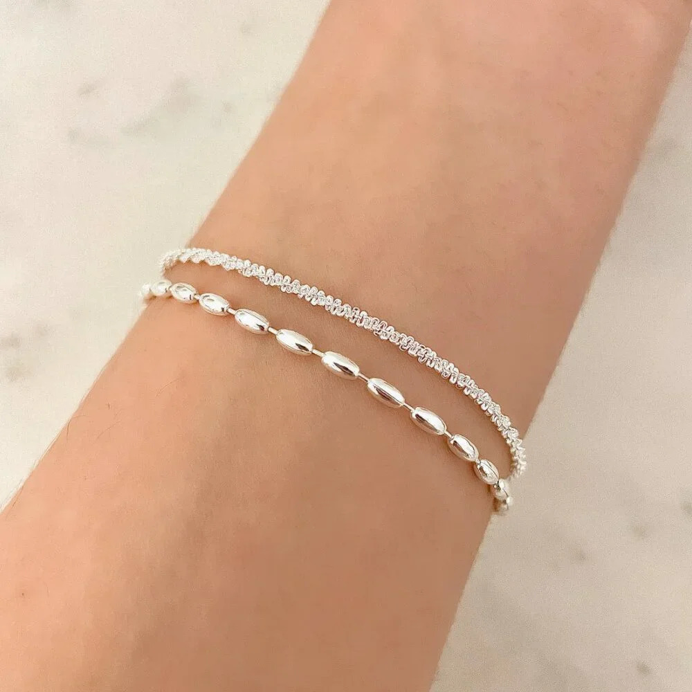 Sterling Silver Double Chain Layer Bracelet Shiny Sequin Dainty Chain Bracelet - Picture 3 of 3